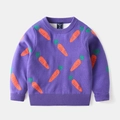 Detail of purple knitted kids sweater featuring orange carrot patterns and ribbed neckline - Tag 90 / Purple Carrot