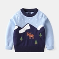 Maglione in maglia per bambini con blocchi di colore blu e motivi invernali di renne - Etichetta 90 / Cervo della foresta