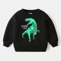 Schwarzes Fleece-Sweatshirt für Kinder mit grünem T-Rex-Druck und Rippbündchen - 90cm / Schwarz (Grüner Dino)