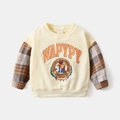 Felpa per bambini beige con maniche a scacchi arancioni e stampa vintage WAPYPY - Beige / 90cm