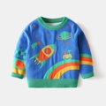 Maglione in maglia blu da bambino con motivi spaziali come razzi e pianeti - 90cm / Acqua