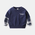 Kids navy blue sweatshirt with black and white checkered sleeves and white graphic print - 90 / Navy Blue