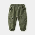 Kids army green cargo pants with contrast white stitching and multiple pockets - 90 / Army Green