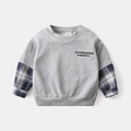 Toddler boy grey sweatshirt with blue and white checkered patchwork sleeves and print - 100 / Gray