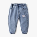 Classic light blue washed toddler boy denim joggers with elastic waist and ripped details - 90 / Light Blue Distressed