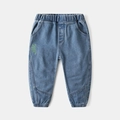 Boys mid-blue washed denim joggers with elastic waist and green letter embroidery - Light Blue / 90cm