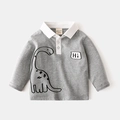 Graues Langarm-Polohemd für Kinder aus Baumwolle mit Dinosaurier-Print und weißem Kragen - 90cm / Grau