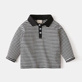 Klassisches schwarz-weiß gestreiftes Kinder-Langarm-Polohemd mit schwarzem Kragen und Knöpfen - 90cm / Schwarz-weiße Streifen