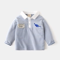 Blau-weiß gestreiftes Jungen-Poloshirt mit Dinosaurier-Stickerei und langen Ärmeln - 90cm / Blau Gestreift