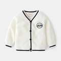Cardigan in maglia bianca per bambini con scollo a V, ricamo auto e bordi neri a contrasto - 130cm / Bianco Sporco