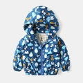 Kids hooded windbreaker jacket with colorful cartoon animal print on dark blue fabric - 90cm / Denim Blue Animal