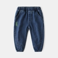 Dark blue boys denim joggers with green stylish embroidery and elastic waistband - Dark Blue / 90cm