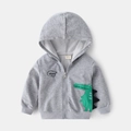 Felpa con cappuccio grigia per bambini con ricamo a dinosauro verde e cerniera lampo - 90cm / Grigio