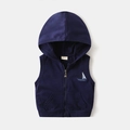 Kids navy hooded zip-up vest featuring nautical sailboat embroidery and pockets - 100cm / Navy Blue