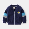 Donkerblauw kinderjack met rits, contrastmouwen en geborduurde leeuwenpatch - 90cm / Marineblauw
