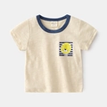 T-shirt garcon en coton flammé avec imprimé lion et col rond contrasté bleu marine - 90cm / Abricot