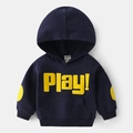 Navy kids hoodie with Play! letter print and yellow elbow patches on flat lay - 90cm / Navy Blue