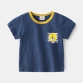 Dunkelblaues Jungen-T-Shirt aus Baumwolle mit Löwenprint und gelbem geripptem Rundhals - 90cm / Marineblau