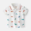 Weißes Jungen-Poloshirt aus Baumwolle mit bunten Dinosaurier-Prints und rotem Kragenrand - 90cm / Roter Besatz Dinosaurier Druck