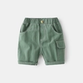 Forest green cotton boys' cargo shorts with elastic waist and white contrast stitching - Pale Green / 100cm