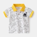 White short-sleeve polo shirt for boys with black dinosaur prints and yellow collar - 90cm / White Dinosaur All-over Print