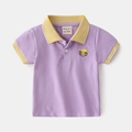 Light purple kids polo shirt with yellow striped collar and embroidered cartoon car design - Purple / 90cm