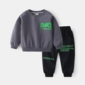 Kids grey sweatshirt and black jogger set with neon green surf print detail - 90cm / Gray