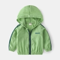 Kids lightweight green hooded sun protection jacket with zipper and OKAY print - 100cm / Green