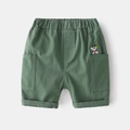 Kids army green cotton casual shorts with elastic waist and cute cartoon dog embroidery - 90cm / Army Green