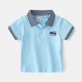Light blue kids polo shirt with car embroidery and striped navy collar trim - Sky Blue / 130cm