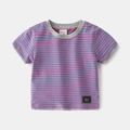 T-shirt a maniche corte per bambini con righe blu e rosa e bordi a costine grigi - Strisce rosso porpora / 90cm