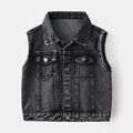 Classic kids black-grey washed denim vest with collar and metal buttons in retro style - 90 / Black
