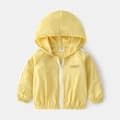 Bright yellow hooded sun protection jacket for kids with white zipper and OKAY print - 90cm / Yellow