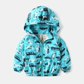 Kids bright blue hooded jacket with cartoon car print and elastic cuffs for boys - 90cm / Blue Green Car