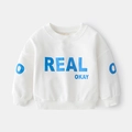White long-sleeve cotton sweatshirt for kids with blue Real and Okay prints - 90cm / White