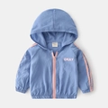 Kids blue hooded sun protection jacket with pink zipper and OKAY print graphic - 90cm / Aquamarine