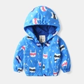 Kinderwindjack met capuchon in blauw met cartoonhelden-prints en een ritssluiting - 90cm / Masked Hero