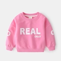 Pink kids' long sleeve sweatshirt with white REAL OKAY letter print and ribbed cuffs - 90cm / Pink