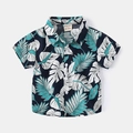 Kids short sleeve Hawaiian beach shirt with tropical green leaf print for summer style - 120cm / Black Green Leaf