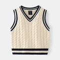 Classic cream cable knit V-neck sweater vest with navy blue stripe accents for boys - Off-white