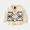 Gebreid vest voor kinderen met V-hals, beige ruitpatroon en vintage houten knopen - 90cm / Off-wit