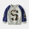 Boys gray and navy raglan sleeve sweatshirt with camo S letter patch and trendy design - 90cm / Gray