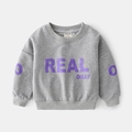 Grey toddler sweatshirt with purple REAL OKAY lettering and ribbed cuffs in size 90 - Smoke