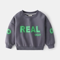 Kids minimalist charcoal grey cotton sweatshirt with neon green REAL letter print - Dark Iron Gray