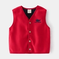 Kids red fleece vest with whale embroidery and buttons for autumn and winter warmth - Red / 90cm