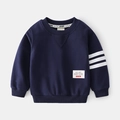 Navy blue boys cotton sweatshirt with triple white sleeve stripes and round neckline - 90cm / Navy Blue