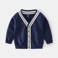 Klassische marineblaue Strickjacke für Jungen mit V-Ausschnitt und Kontraststreifen - 90cm / Marineblau