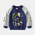 Blue and grey raglan sleeve kids sweatshirt with camo letter S patch and elbow pads - 90cm / Navy Blue