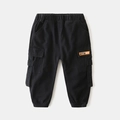 Kids black cargo jogger pants with elastic waist and orange label patch detail - Black / 100cm