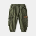 Army green cargo pants for boys featuring elastic waist and stylish side pocket label - Army Green / 90cm